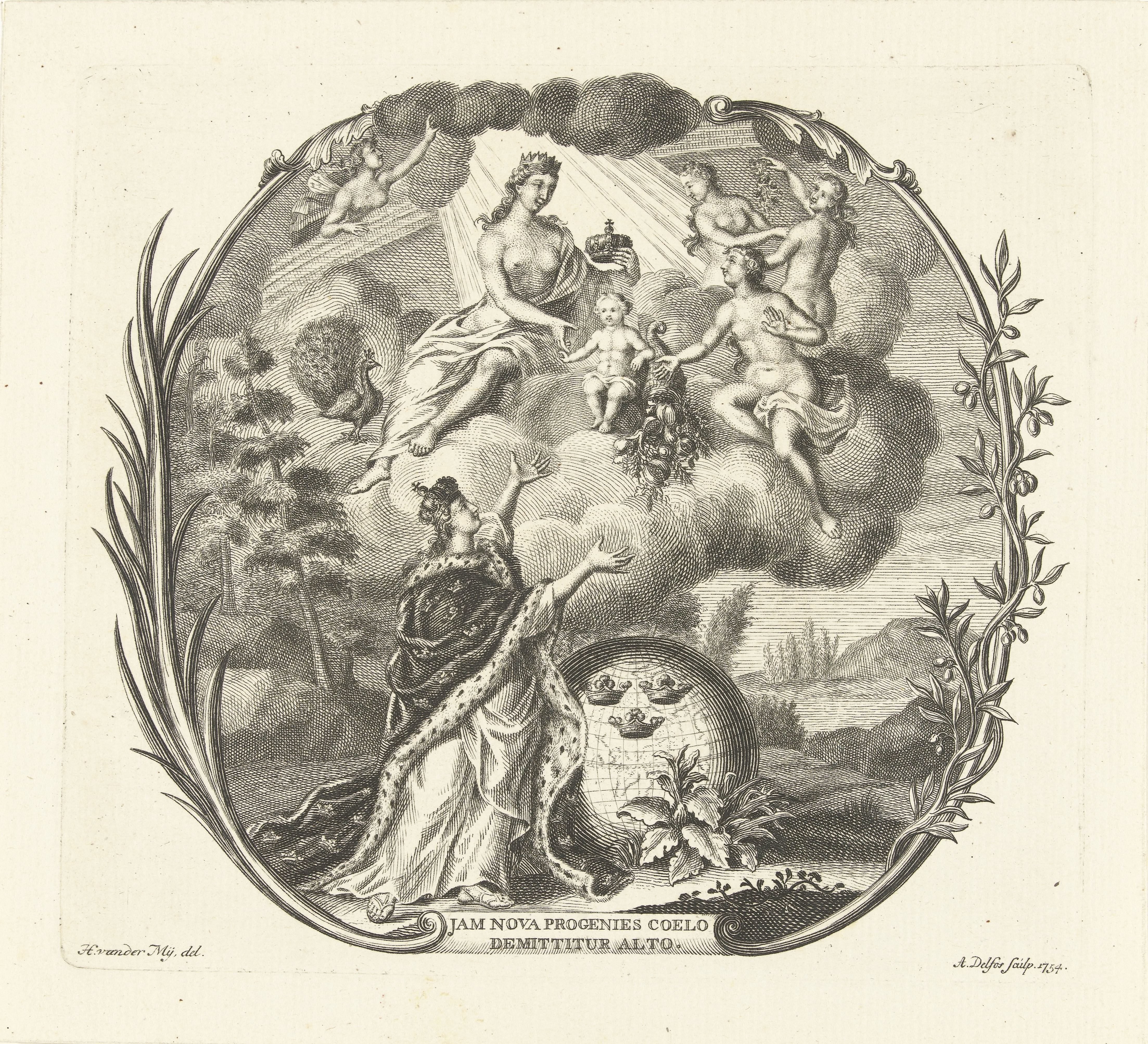 Allegorie op de geboorte van een kind met Juno en Overvloed by Abraham Delfos
