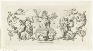 Allegorie op de gerechtigheid met deugden en ondeugden en bladornamenten
