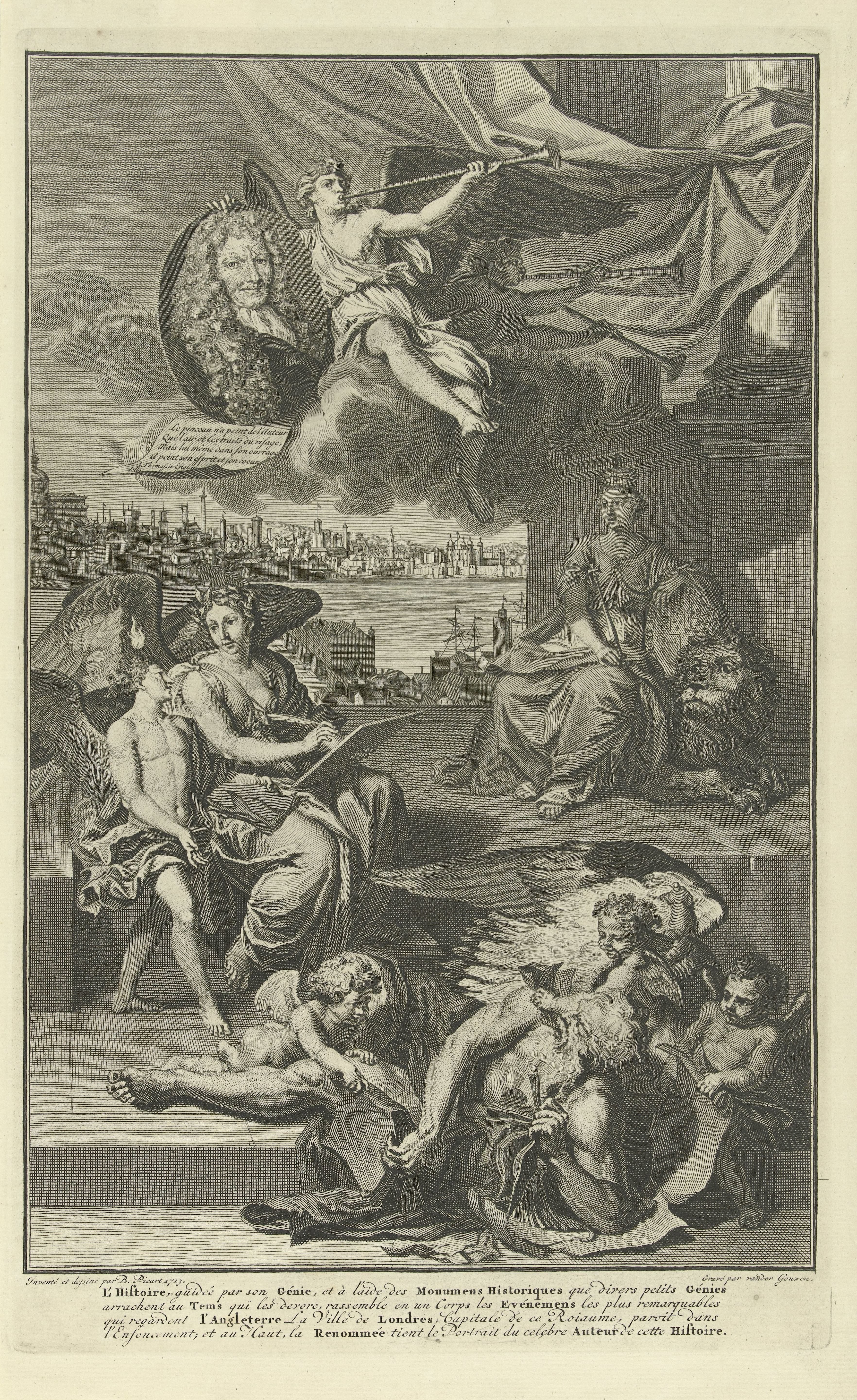 Allegorie op de geschiedenis van Groot-Brittannië met het portret van Isaac de Larrey by Gilliam van der Gouwen