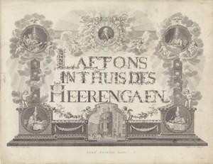 Allegorie op de Nieuwe Lutherse kerk met portret van Martin Luther en vier evangelisten