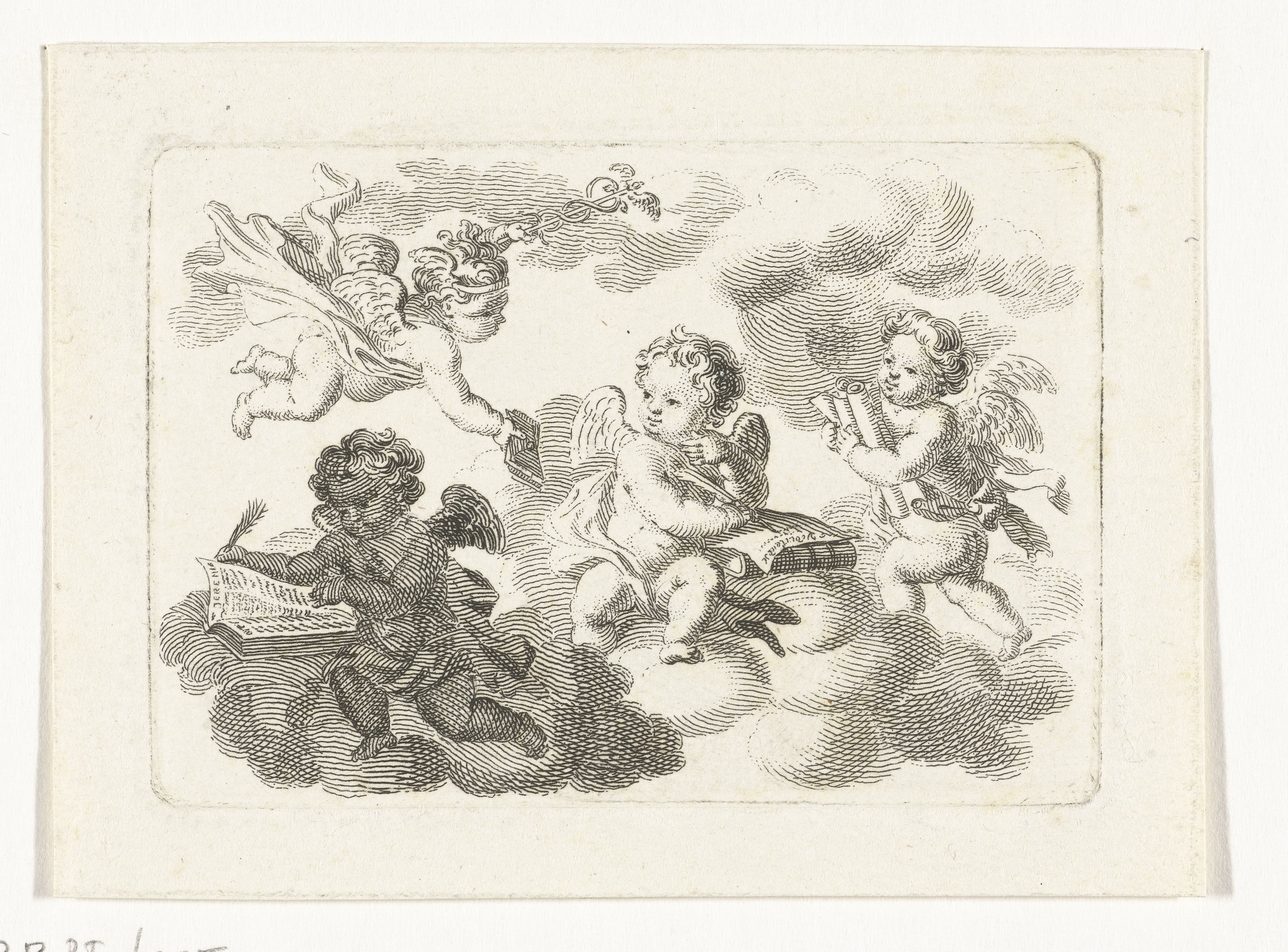 Allegorie op kunsten en wetenschappen met vier putti by Abraham Delfos