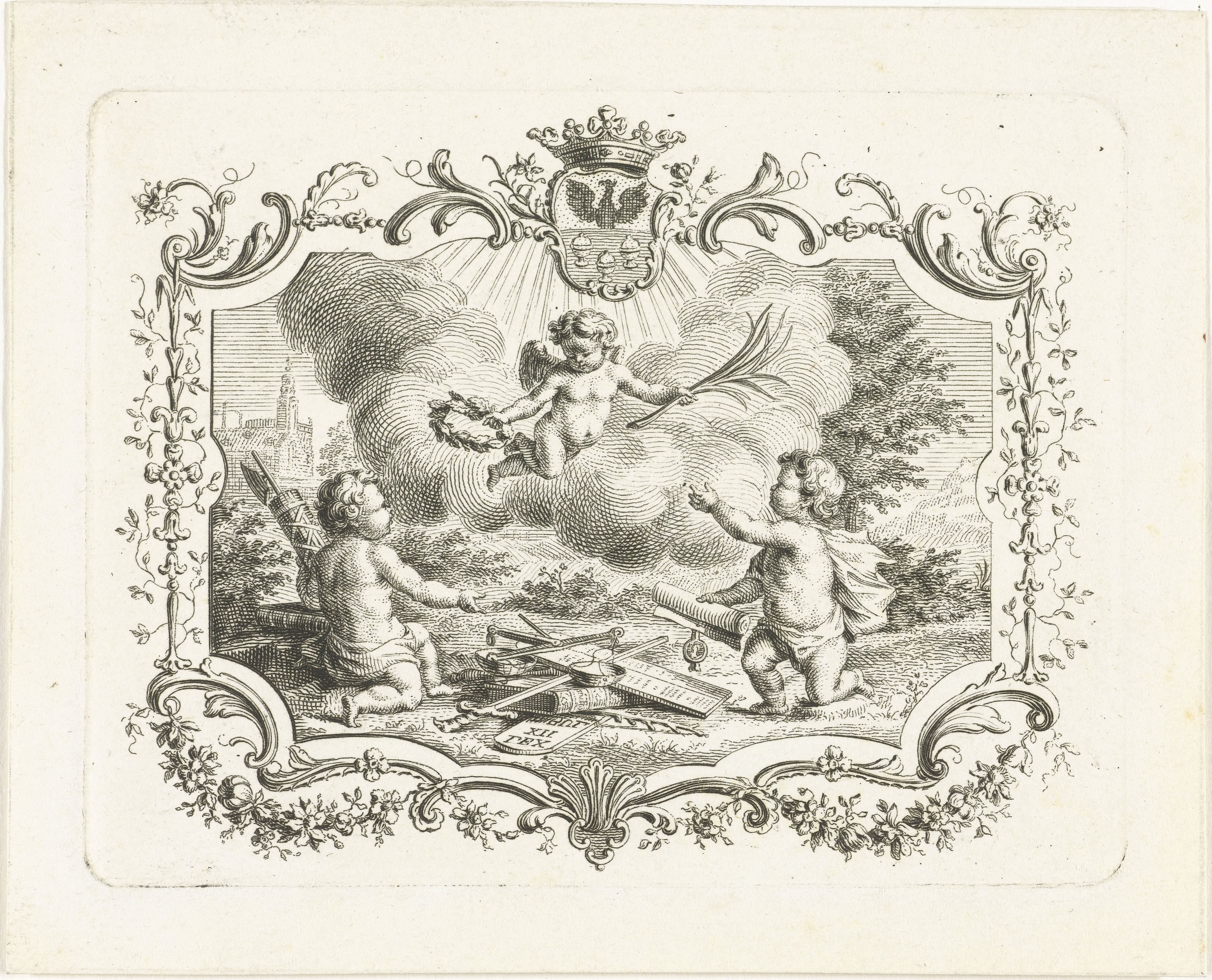 Allegorie op vrede met drie putti in cartouche by Abraham Delfos