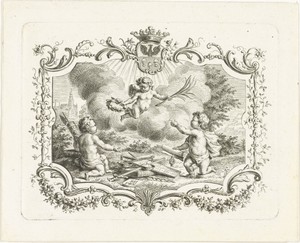 Allegorie op vrede met drie putti in cartouche