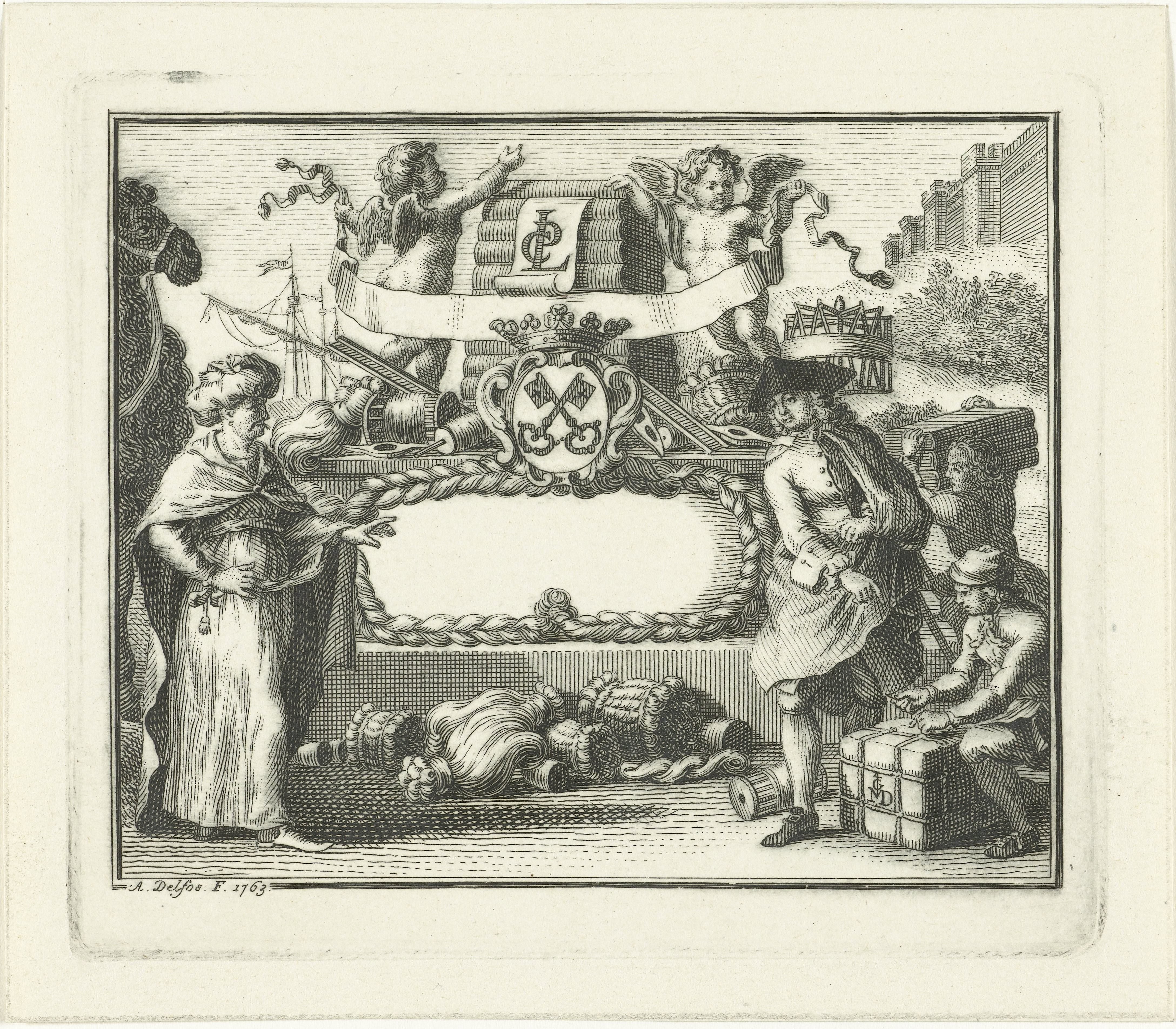 Allegorie op wolhandel in Leiden by Abraham Delfos