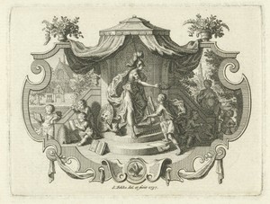 Allegorisch vignet met Minerva die een jongeman lauwert