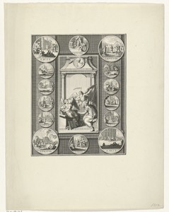 Allegorische figuren omringd door veertien medailles