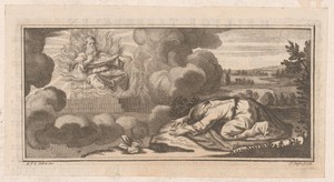 Allegorische of Bijbelse voorstelling met knielende figuur voor man op troon met vlammen