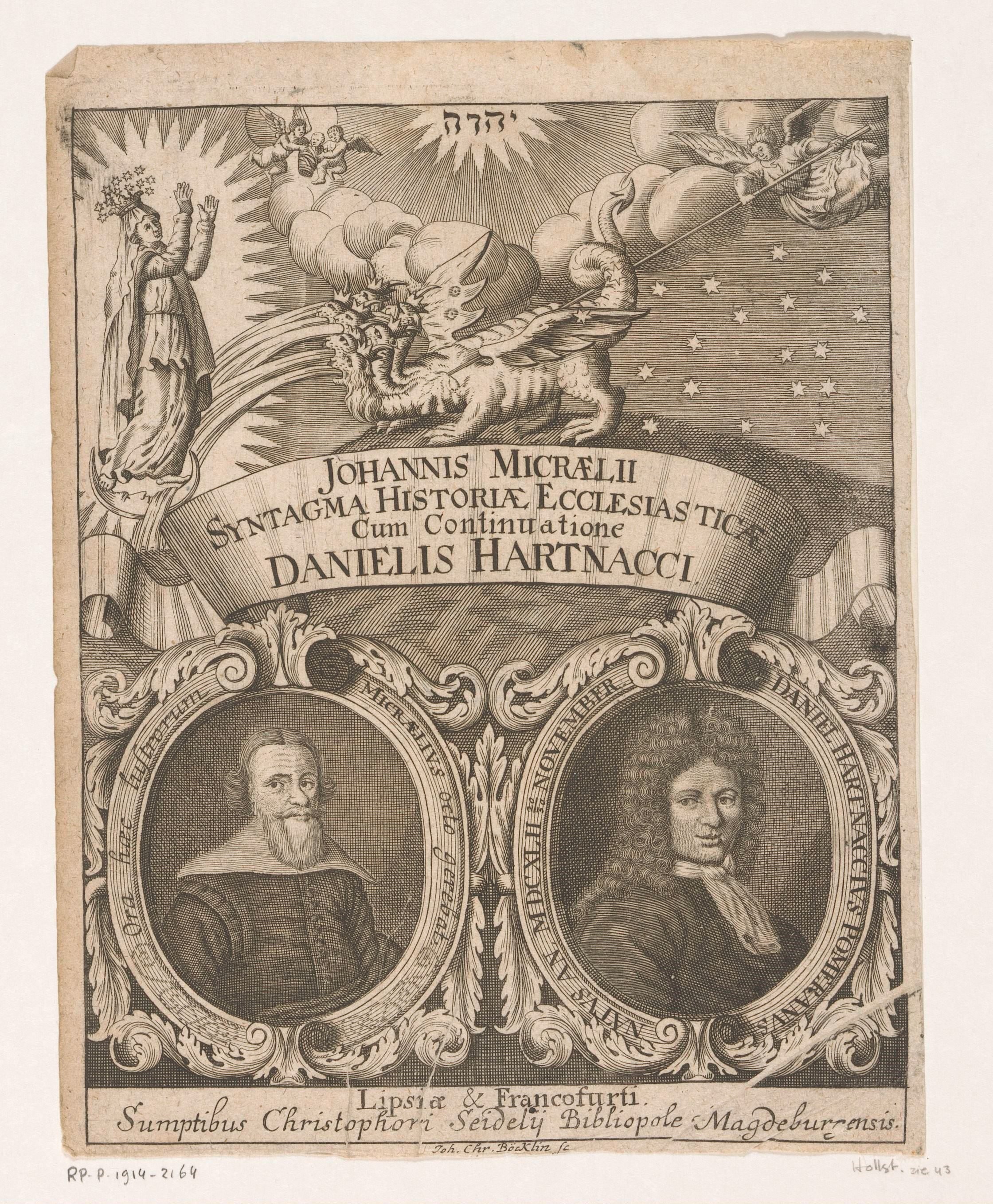 Allegorische titelpagina met de portretten van Johannes Micraelius en Daniel Hartnack by Johann Christoph Boecklin