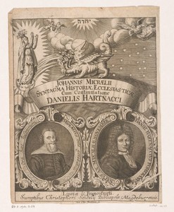 Allegorische titelpagina met de portretten van Johannes Micraelius en Daniel Hartnack