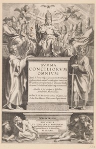 Allegorische titelpagina met vrouwelijke personificatie van het pausdom