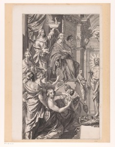 Allegorische voorstelling met Armand-Jean du Plessis hertog van Richelieu, in het gezelschap van Apollo en Neptunus (linker bovendeel)