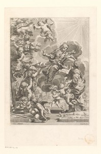 Allegorische voorstelling met de Adel en de Goddelijke Wijsheid die appelen brengen aan Ecclesia