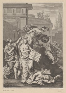 Allegorische voorstelling met een genie omgeven door mythologische figuren