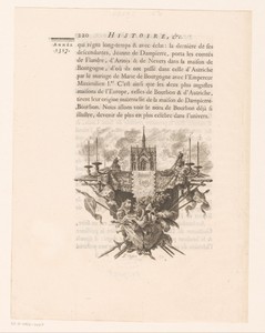 Allegorische voorstelling met kerk en kandelaar boven wapenuitrusting