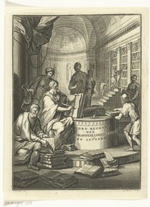 Allegorische voorstelling met personificatie van gerechtigheid en mannen aan het werk in bibliotheek