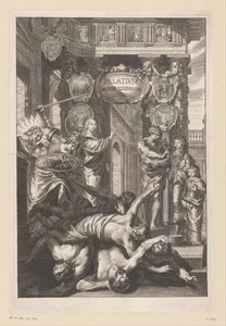 Allegorische voorstelling met portretten van Lodewijk II en Armand de Bourbon-Condé bij het paleis van Welsprekendheid
