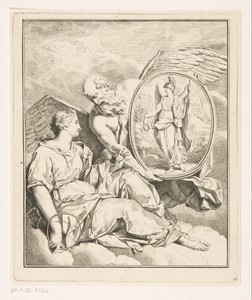 Allegorische voorstelling met Vader Tijd die de personificatie van de eeuwigheid een plaquette van Minerva toont