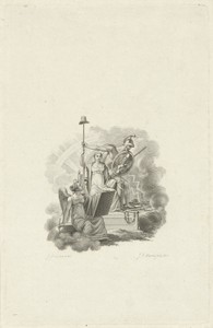 Allegorische voorstelling met vrouw met vrijheidshoed op lans