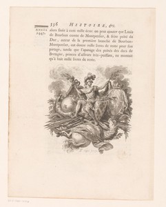 Allegorische voorstelling met wapenschilden en eenhoorn