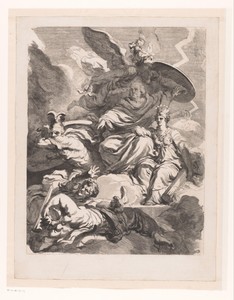 Allegorische voorstelling van Amerika met Benjamin Franklin