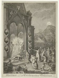 Allegorische voorstelling van een monument voor de gereformeerden