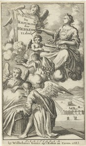 Allegorische vrouwenfiguur beschildert in de wolken een paneel