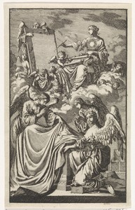 Allegorische vrouwenfiguur beschrijft in de wolken een paneel