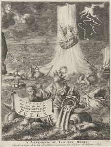 Allegorische vrouwenfiguur met scheepskroon en een Triton op woeste zee