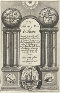 Alziend oog kijkt neer op architectuur bekroond met wereldglobe en hemelglobe op zuilen aan weerszijden van titel, twee medaillons op voetstuk met anker en kompas flankeren schild met schip