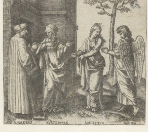 Amadeus Berutti met Strengheid (Austeritas) en Vriendschap (Amicitia) en Liefde (Amor)