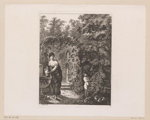 Amor bezoekt een jonge vrouw bij de fontein