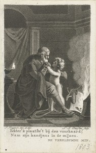 Amor verwarmt de handen van een oude man