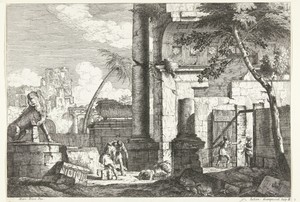 Antieke ruines met graf plunderaars en palmboom