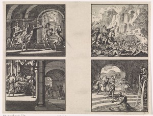 Antigonus wordt op bevel van zijn broer Aristobulus gedood / Sterfbed van koning Aristobulus / Herodes en zijn ruiters in gevecht met rovers / Gewapende vijanden slaan op de vlucht wanneer zij Herodes na zijn overwinning op het leger van Antigonus in bad zien