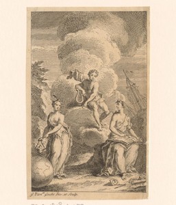 Apollo daalt af van een wolk, beneden staan twee vrouwelijke figuren