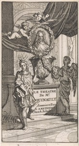 Apollo en een engel wijzen op het portret van Philippe Quinault