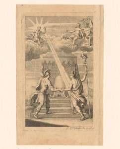Apollo, Jupiter en Venus op een wolk, beneden twee Romeinse figuren