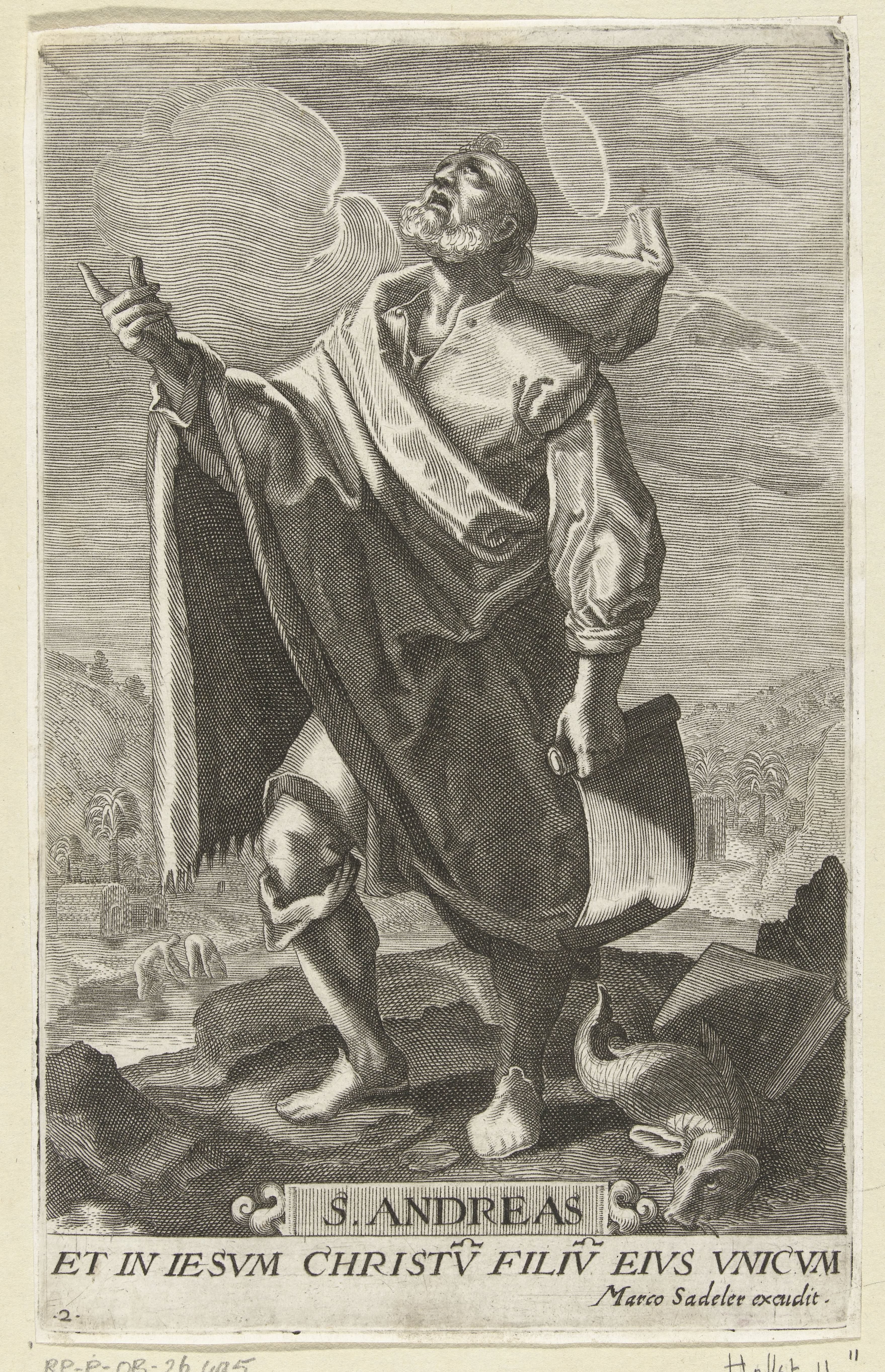 Apostel Andreas met schriftrol en vis by Johan Barra