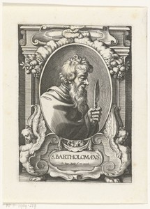 Apostel Bartholomeus met mes in omlijsting met architectuur ornamenten