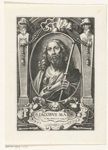 Apostel Jakobus de Meerdere (Jacobus Maior) met pelgrimsstaf in omlijsting met architectuur ornamenten