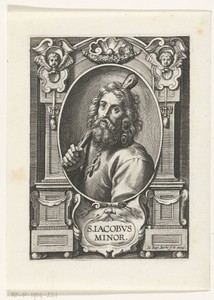 Apostel Jakobus de Mindere (Jacobus Minor) met knots in omlijsting met architectuur ornamenten