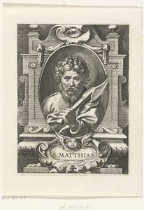 Apostel Matthias met bijl in omlijsting met architectuur ornamenten