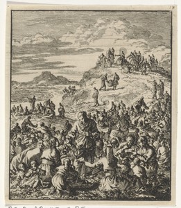 Apostelen delen brood uit aan de menigte, boven op een berg zit Christus