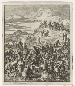 Apostelen delen brood uit aan de menigte, boven op een berg zit Christus