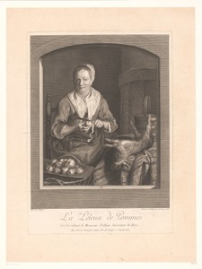 Appelschillende vrouw in een keukeninterieur
