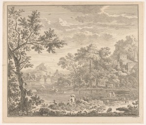 Arcadisch landschap met badende mensen