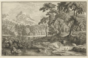 Arcadisch landschap met badende vrouwen