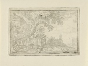 Arcadisch landschap met een herder bij een bron