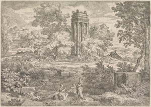 Arcadisch landschap met een mausoleum met zes zuilen