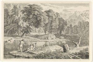 Arcadisch landschap met een rivier en drie badende vrouwen